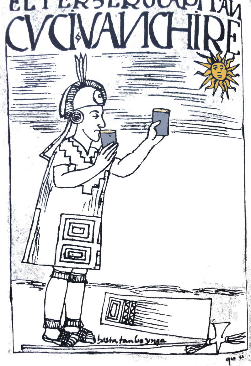 Offrande de bière de maïs au Soleil par l'Inca (Poma de Ayala, c. 1583)